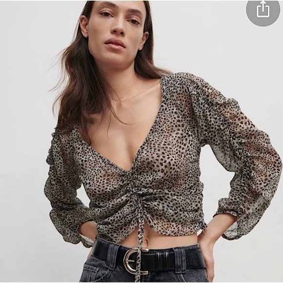 Zara‎ Women's Sheer Leopard Print Adjustable Ruched Middle Crop Top Size XL - Picture 2 of 11